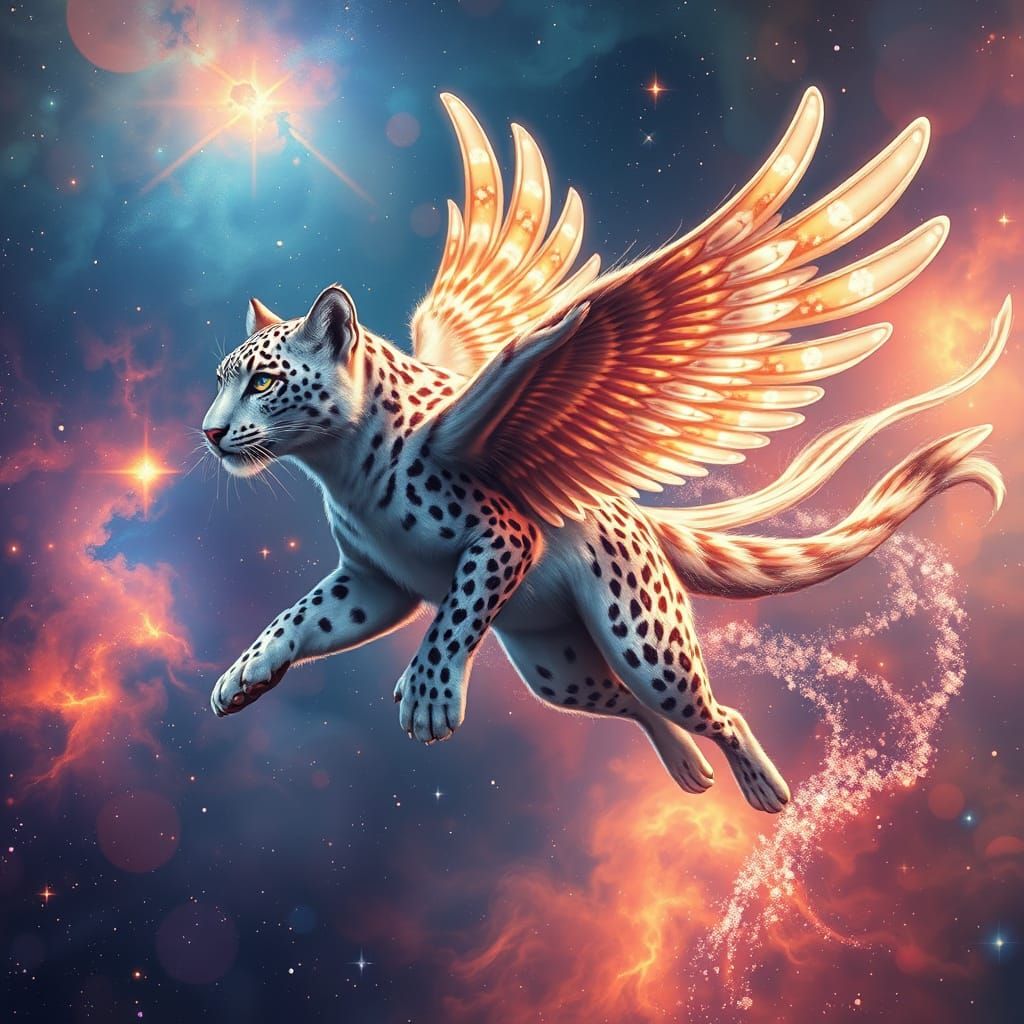 Snow Leopard-Phoenix Hybrid Soars Through Nebula