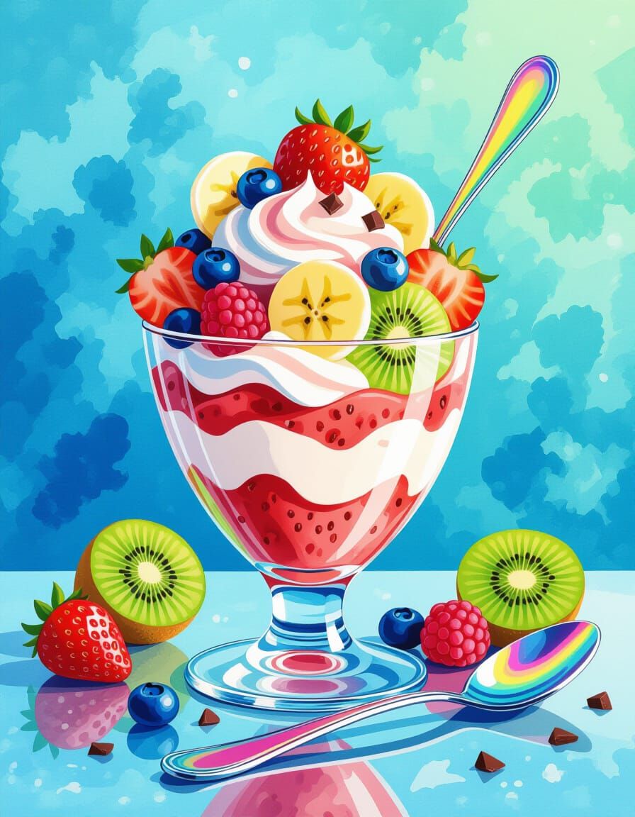 Vibrant Fruit Parfait in Watercolor Style