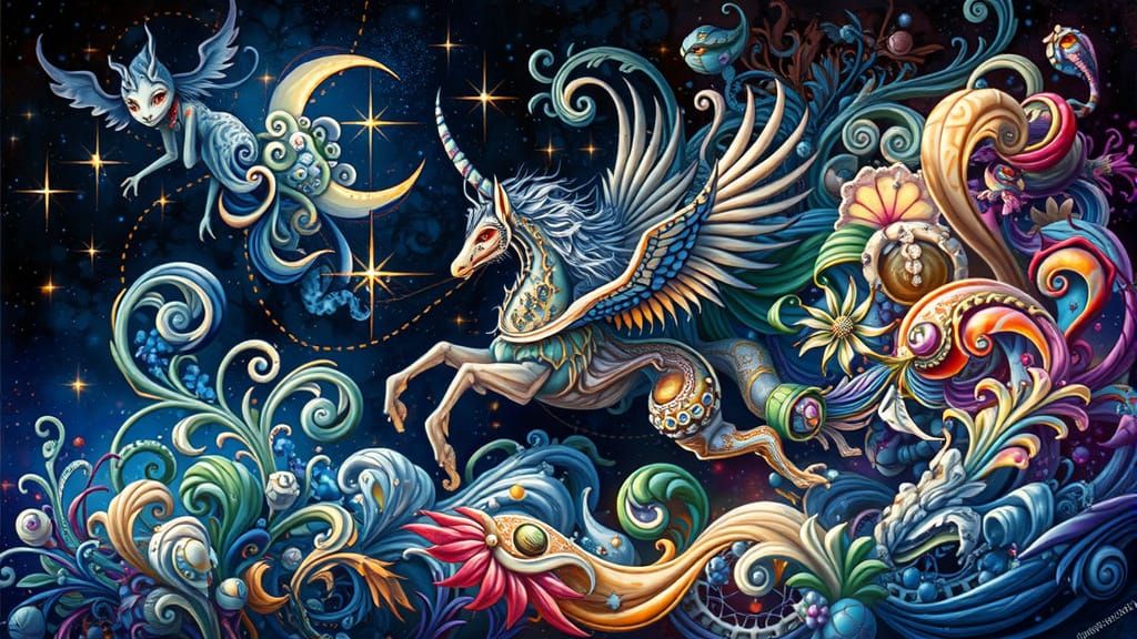 A winged unicorn gallops through a whimsical, starry night s...