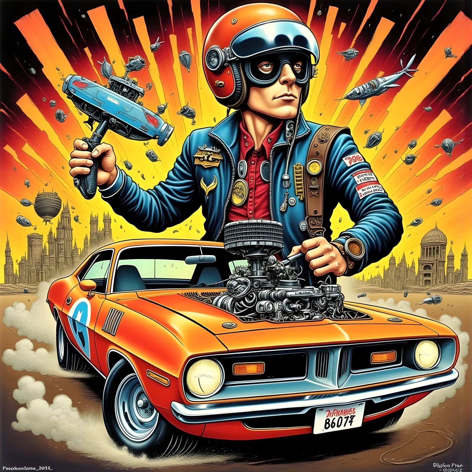 Ratfink Cartoon Driving 1970 Barracuda in Noir Style