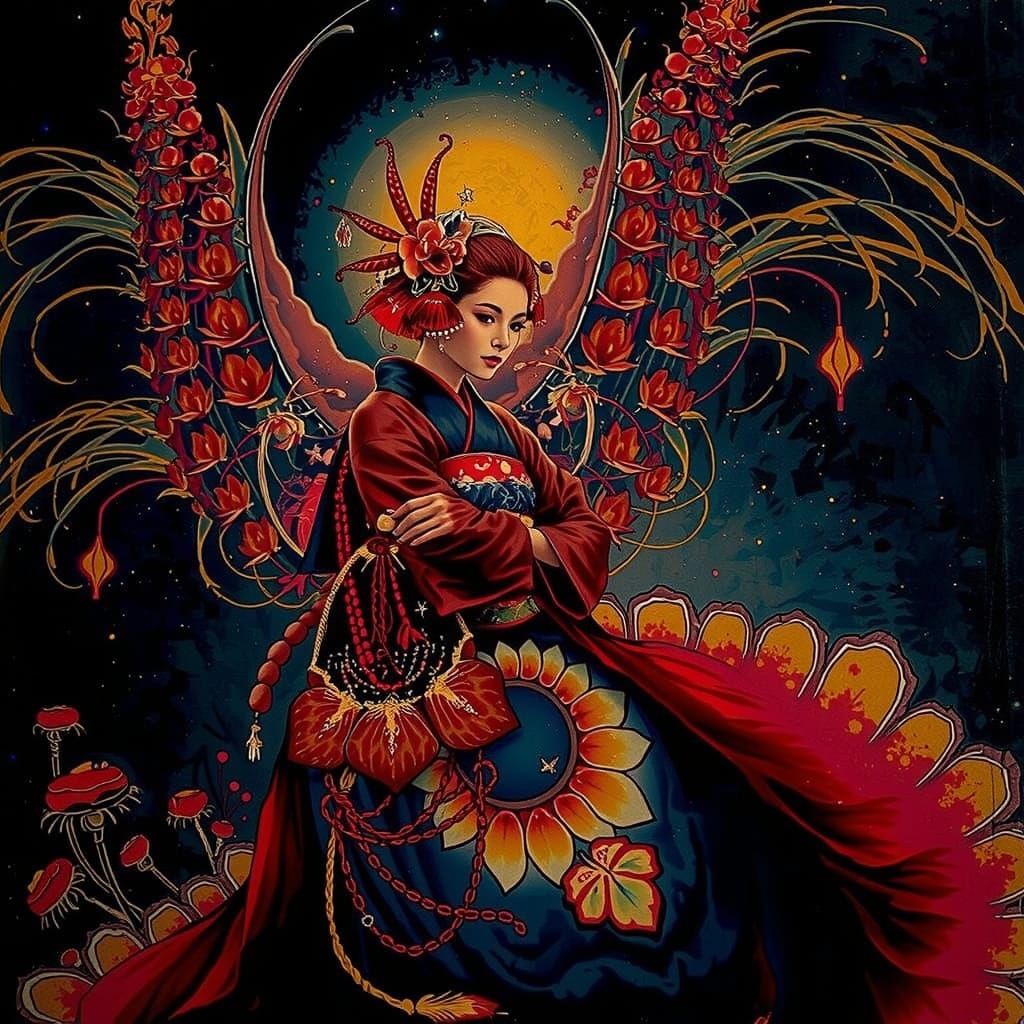 Elegant Geisha in Nebula Field, Romantic Painterly Style