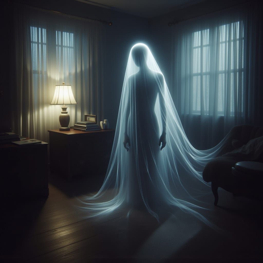 Ethereal Ghost Enters a Darkened Bedroom