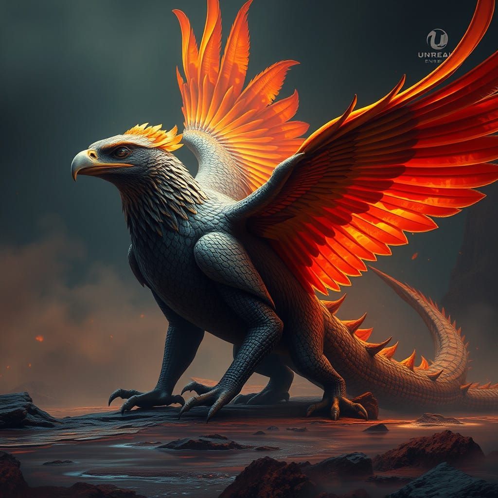 Fantasy Falcon Crocodile Phoenix in Dark Fantasy Aesthetic
