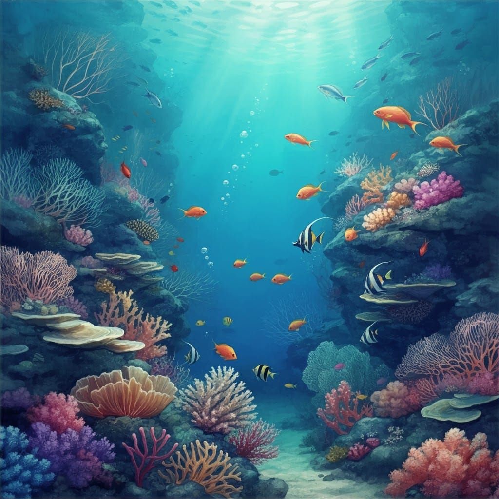 Vibrant Coral Reef Silk Painting in Asian Style