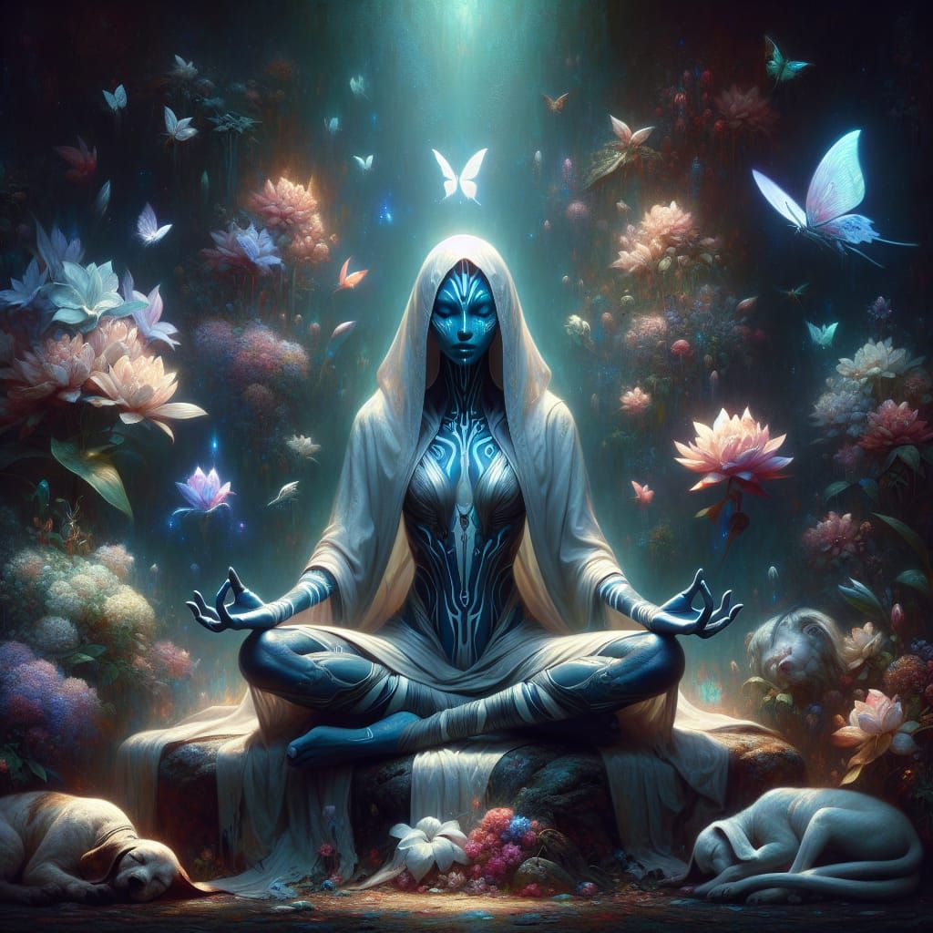 Meditating Alien Woman in Dark Fantasy Oil Painting