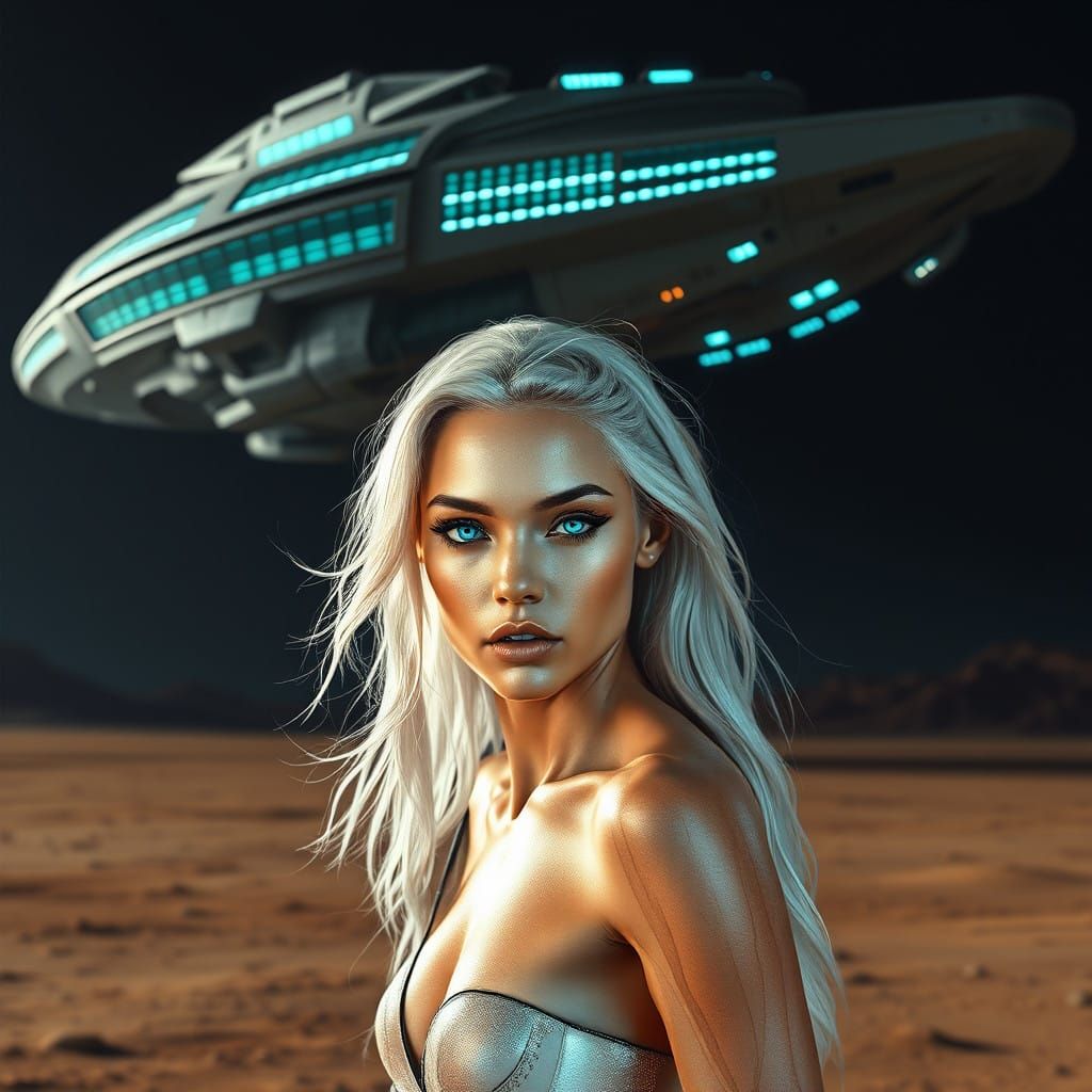 Alien Goddess in Desert Night, Mothership in the Sky