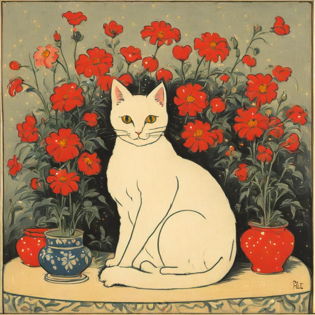 Whimsical Neo-Impressionist Painting of a Cat in a Floral Se...