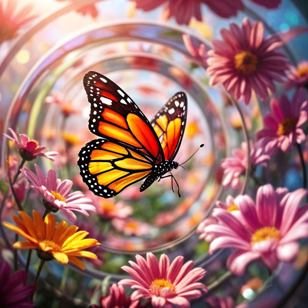 Vibrant Butterfly in Surreal Floral Maze