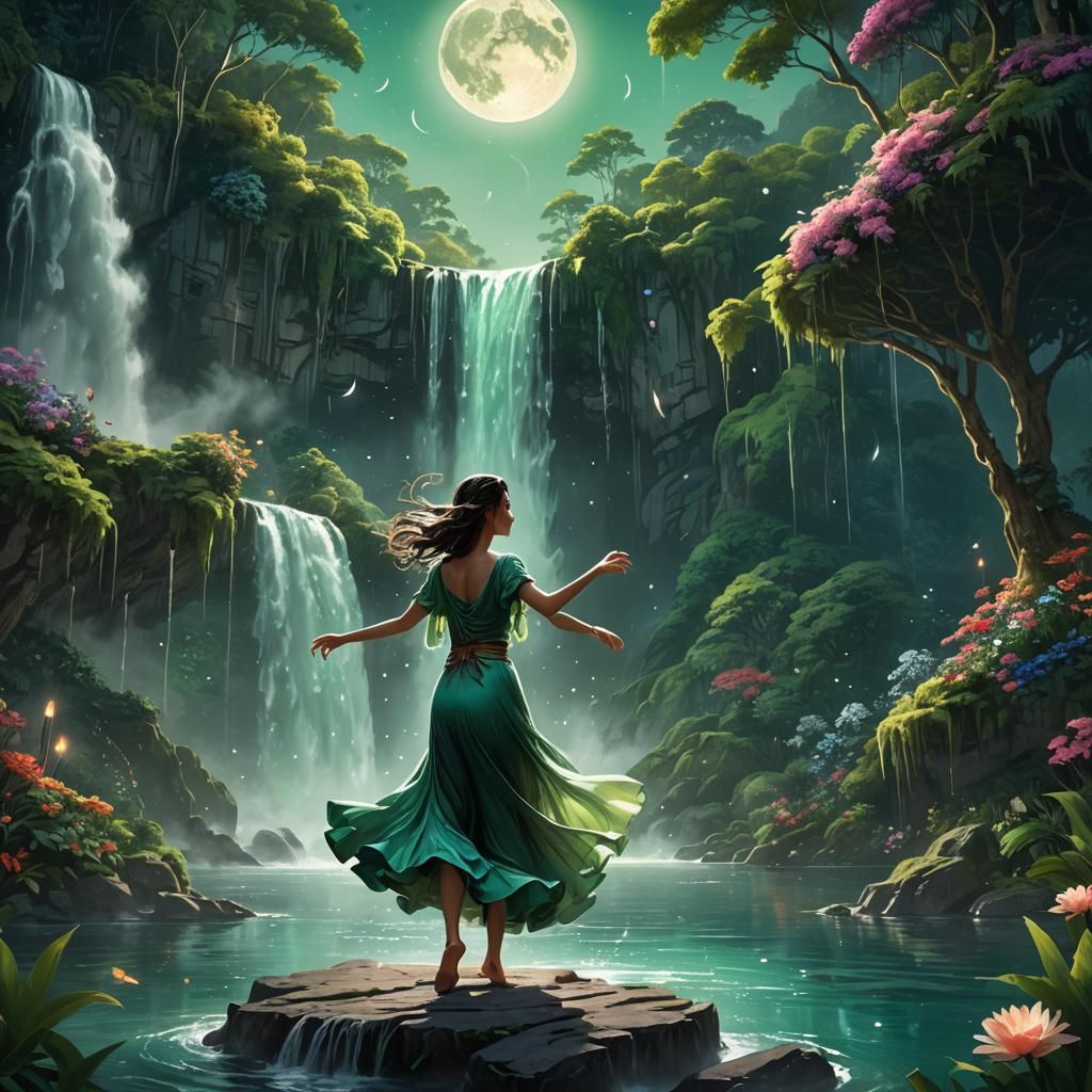 Moonlit Dancer by Waterfall in Emerald Jungle
