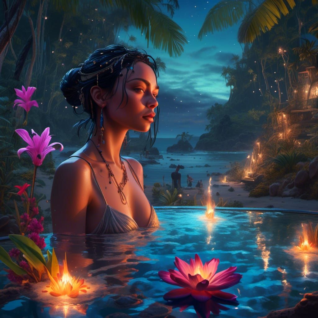 Bioluminescent Island Oasis with Tropical Flowers