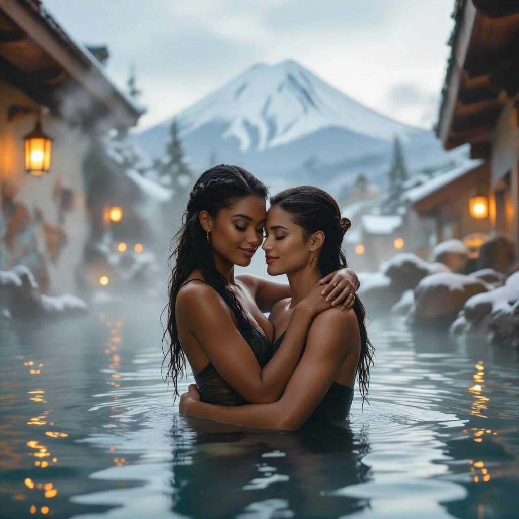 Couple Embraces in Steaming Hot Spring Resort