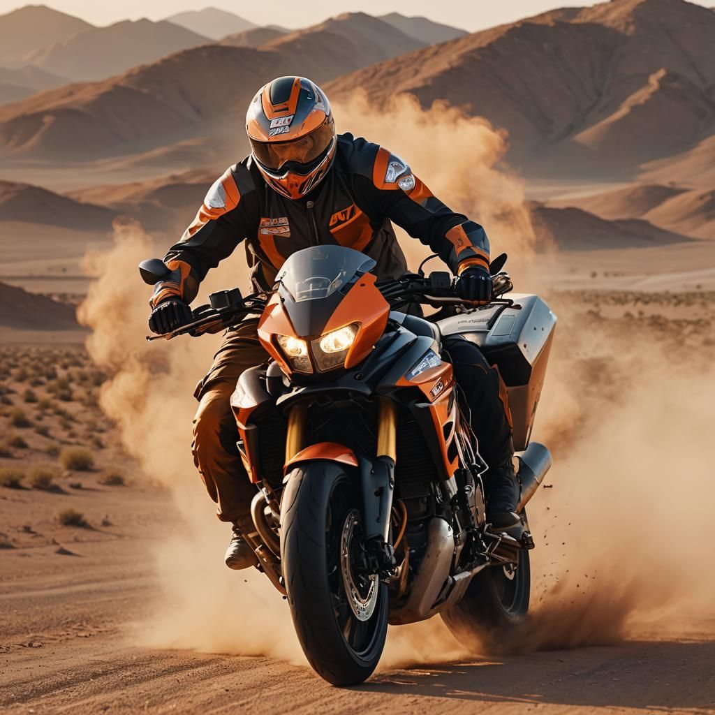 Electrician Rides Motorcycle in Desert: Digital Art