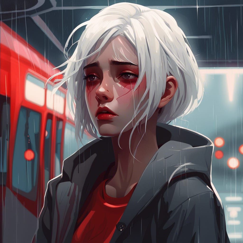 Sad Girl Crying in Rain at Bus Stop