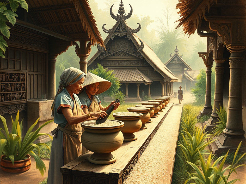 Indonesian Rice Pounding Ritual: Vintage Botanical Illustrat...