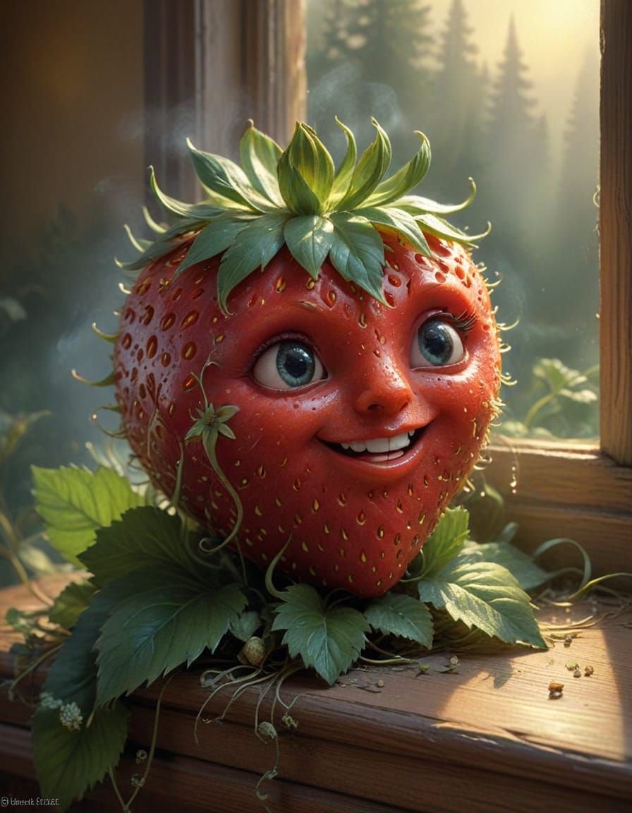 Surreal Strawberry Portrait in Warm, Golden Lighting