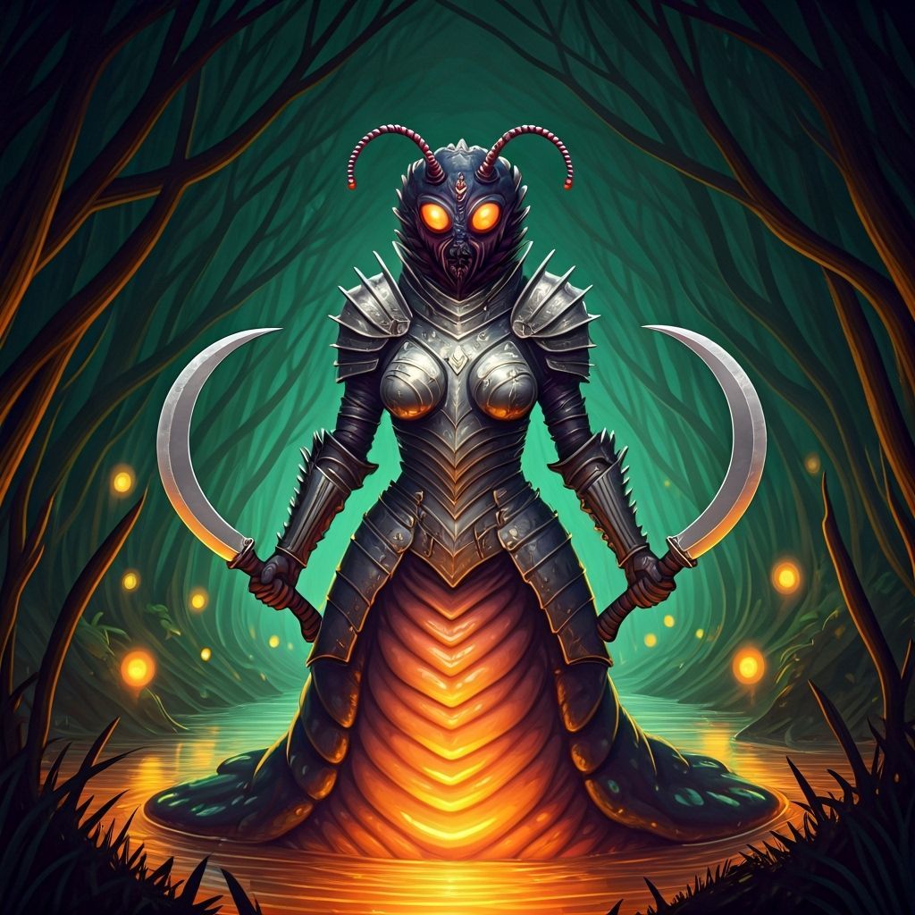 Folk Art Flatworm Warrior with Silver Armor and Sickles