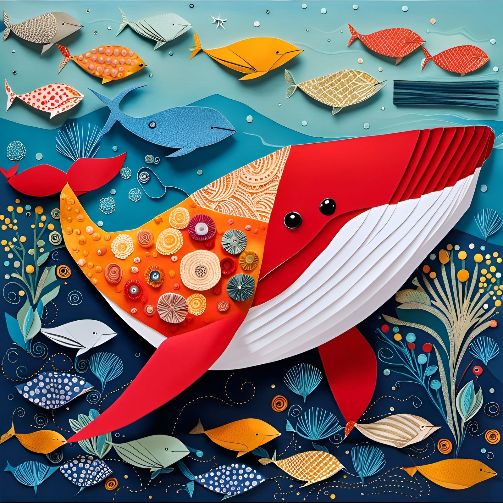 Happy Origami Whale in Art Brut Style