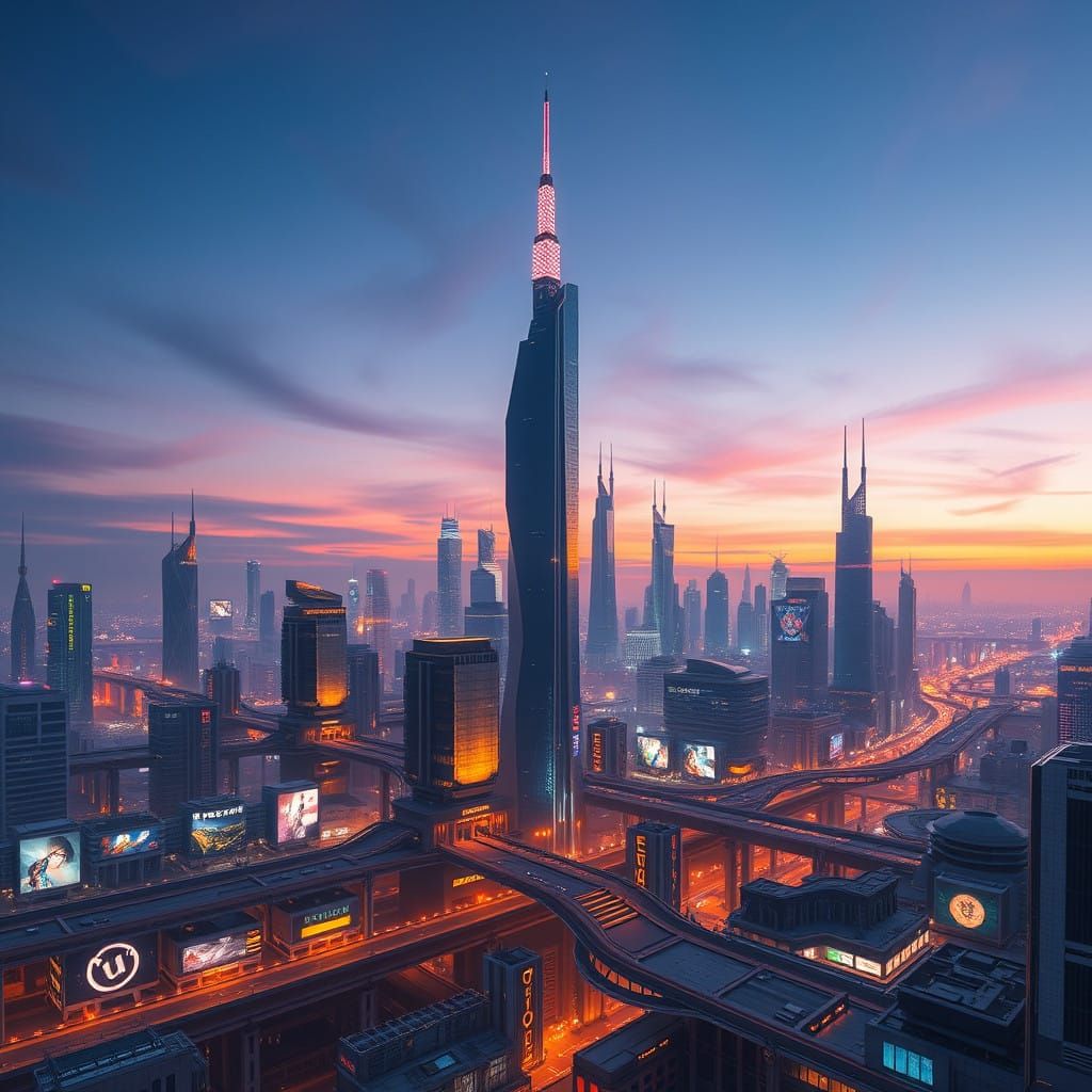 Futuristic Cityscape at Dusk in Neon-Lit Technopolis Style