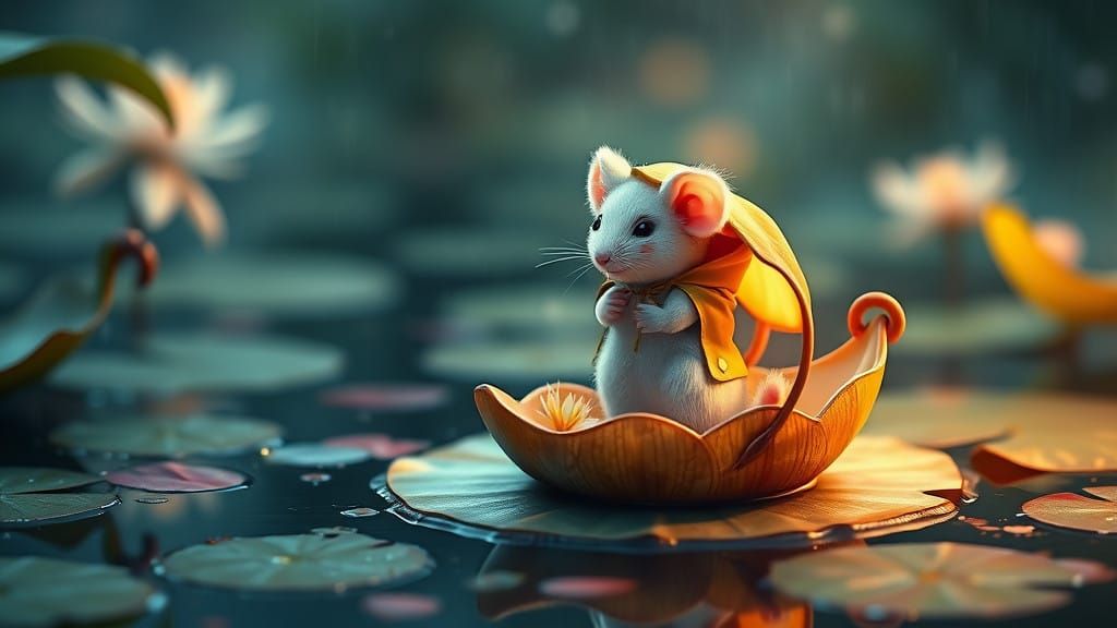 Whimsical White Mice on a Rainy Lily Pad