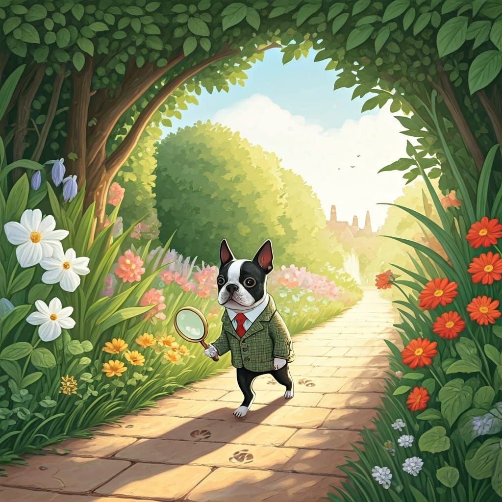 Boston Terrier Detective in English Garden