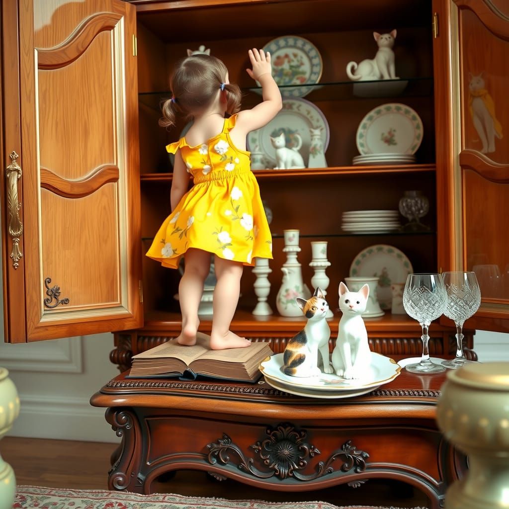 Curious Toddler Amidst Antique China and Cat Figurines
