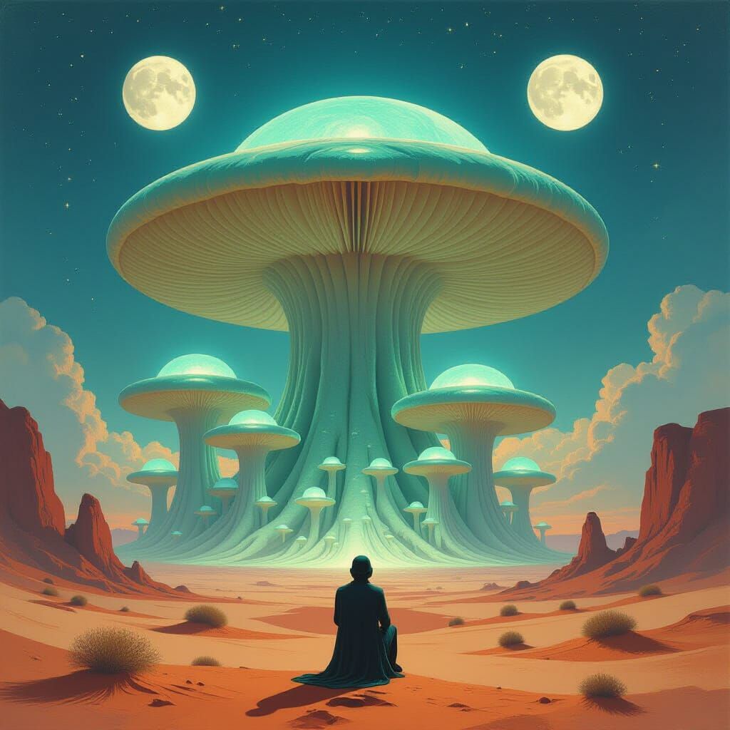 Alien Desert Solitude: Bioluminescent Mushroom Forest Under ...