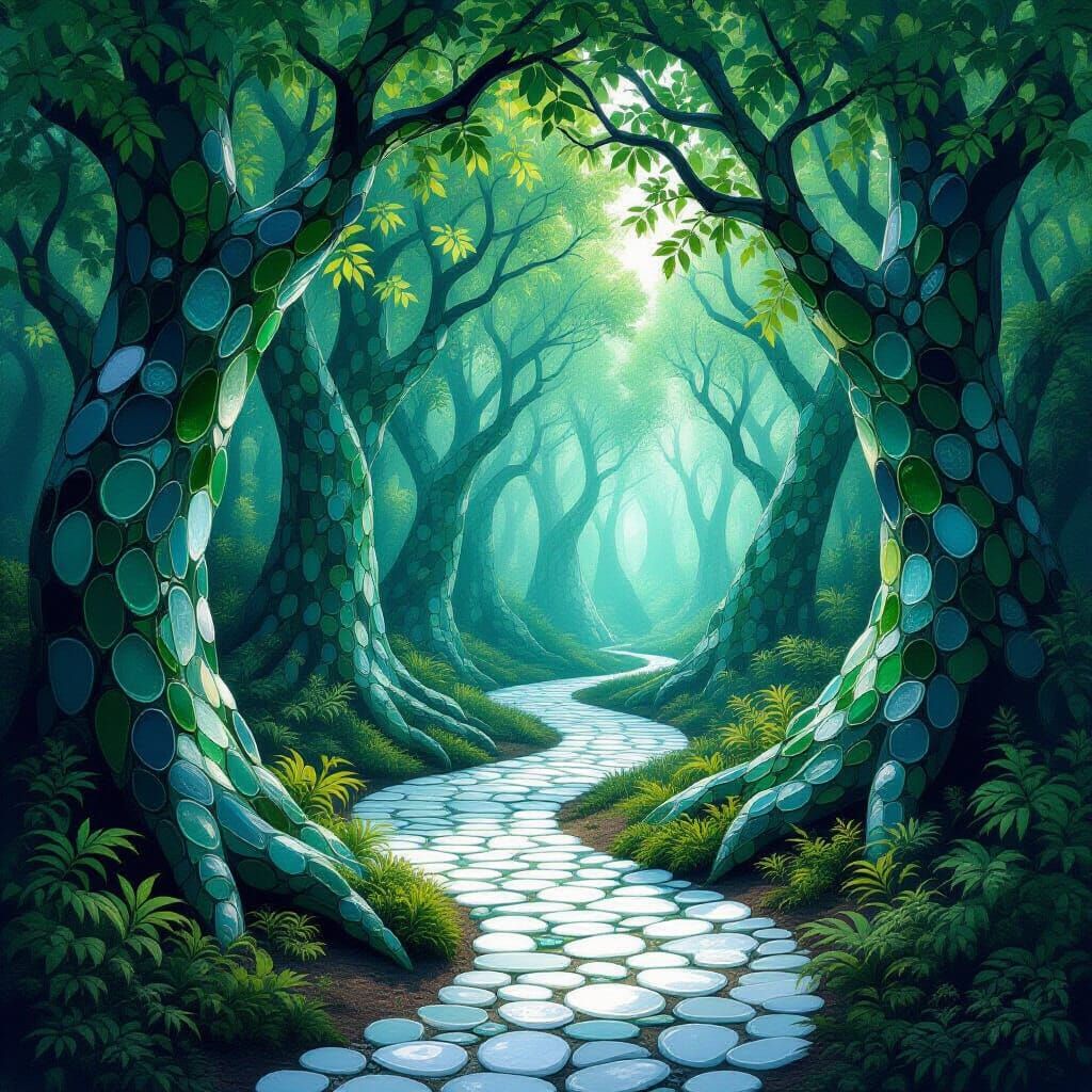 Enchanted Sea Glass Forest Pathway in Dark Fantasy Art