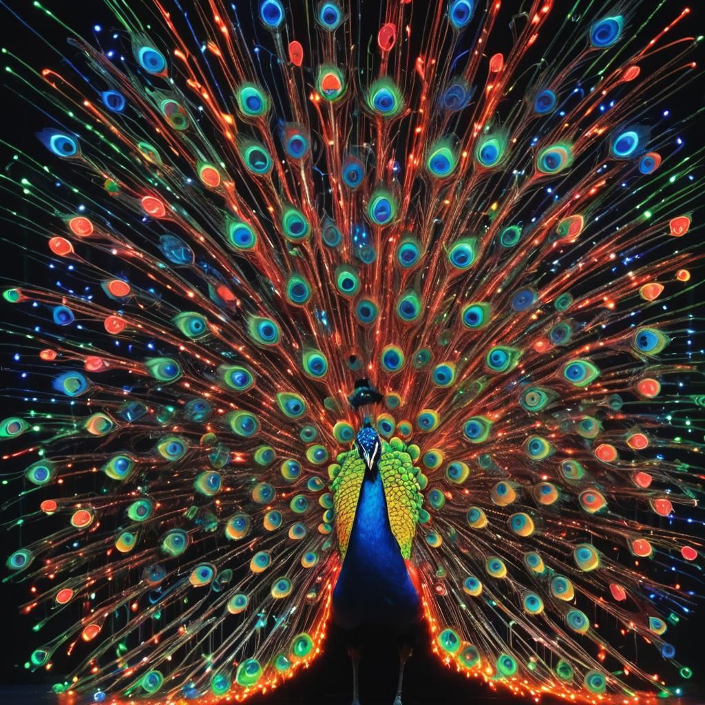 Neon Peacock Radiance on Black Reflective Backdrop