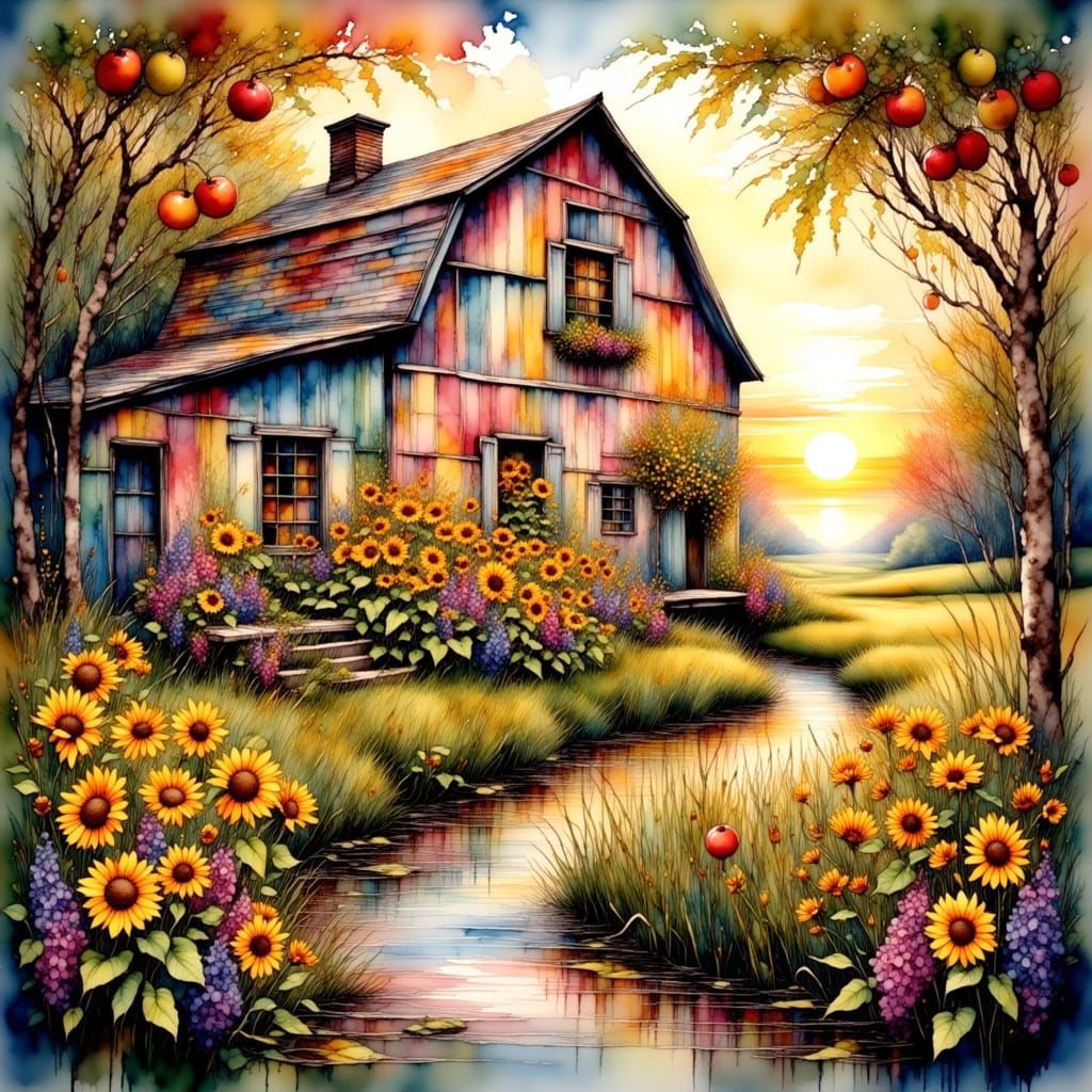 Rustic Barn with Sunflower Mural at Sunrise