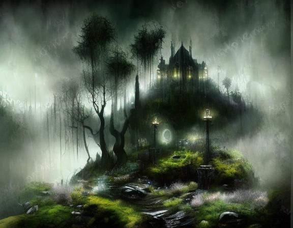 Mystical Figure at Ancient Castle in Ethereal Oil Painting