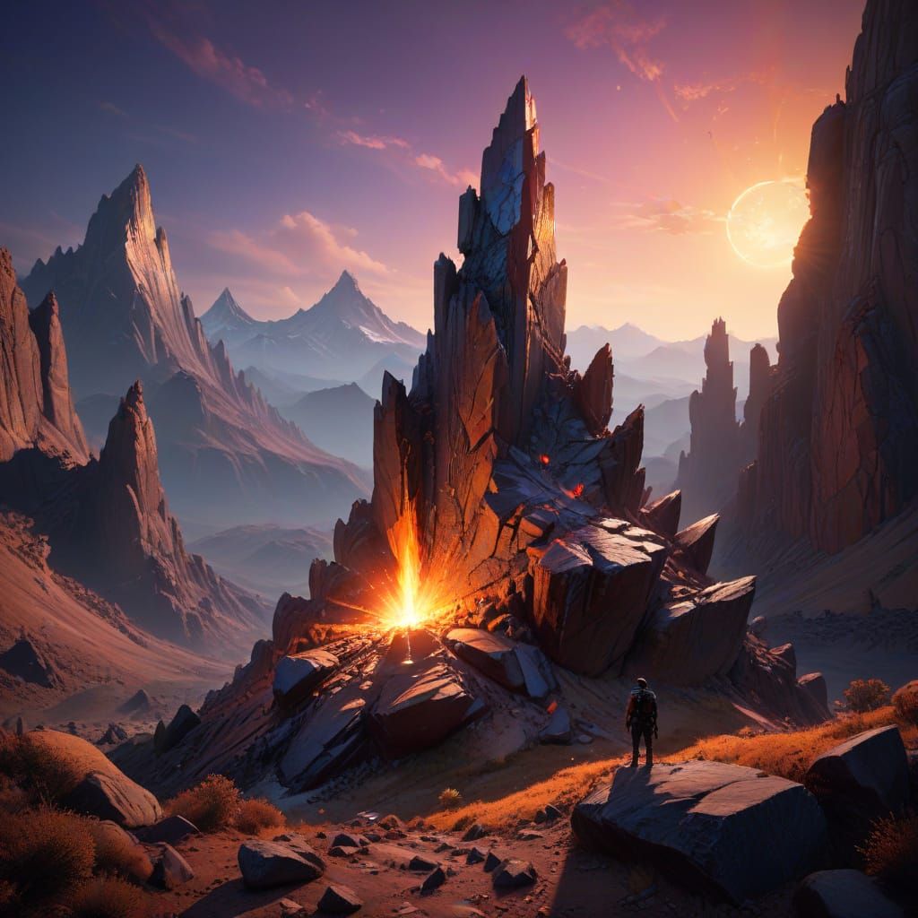Ethereal Fantasy Scene: Lone Figure on Jagged Peak Amidst Dy...