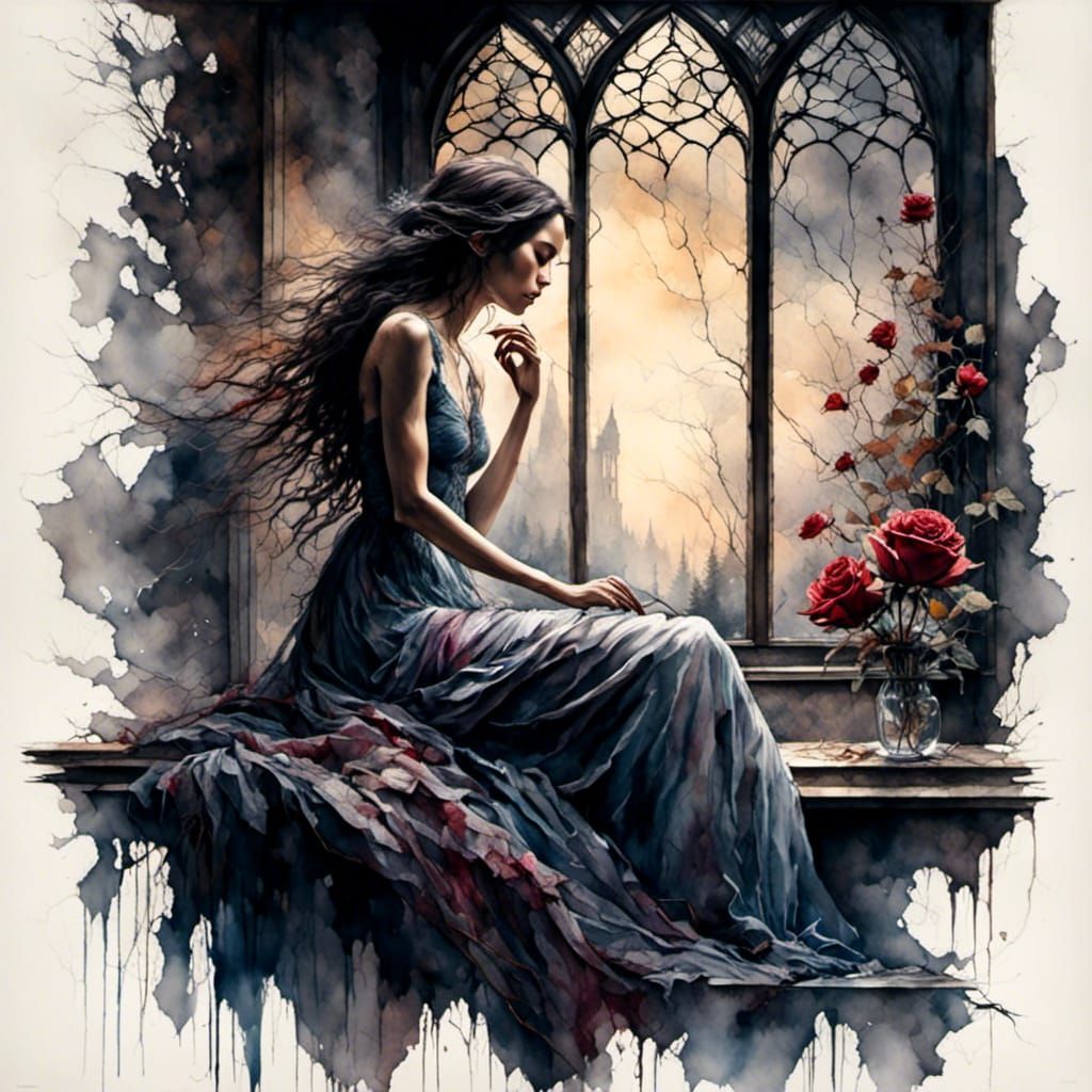 Woman with Rose in Window: Watercolor Style
