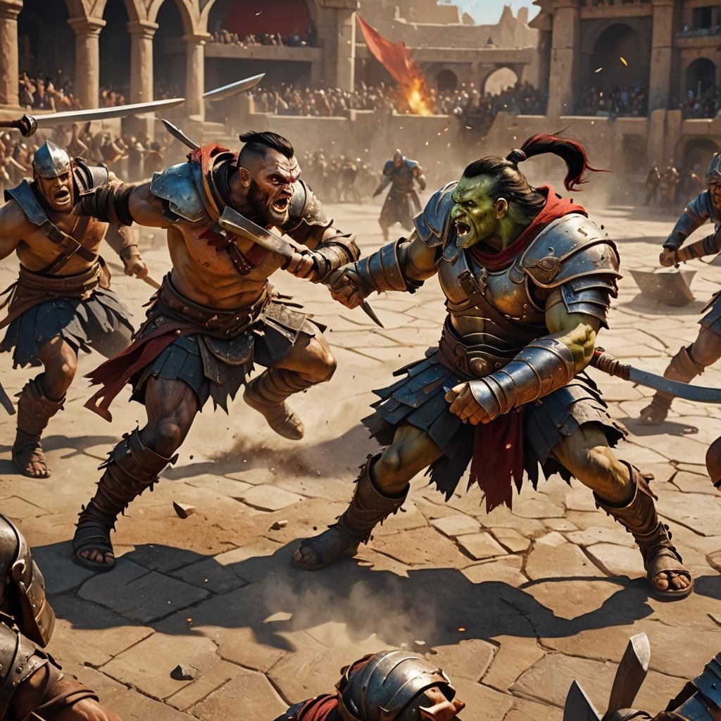 Half-Orc Gladiator in DND-Style Arena Combat