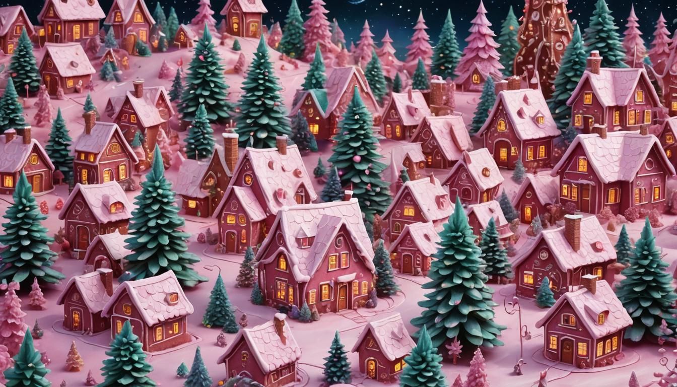 Pink Christmas Gingerbread Village: Holographic Cosmic Illus...