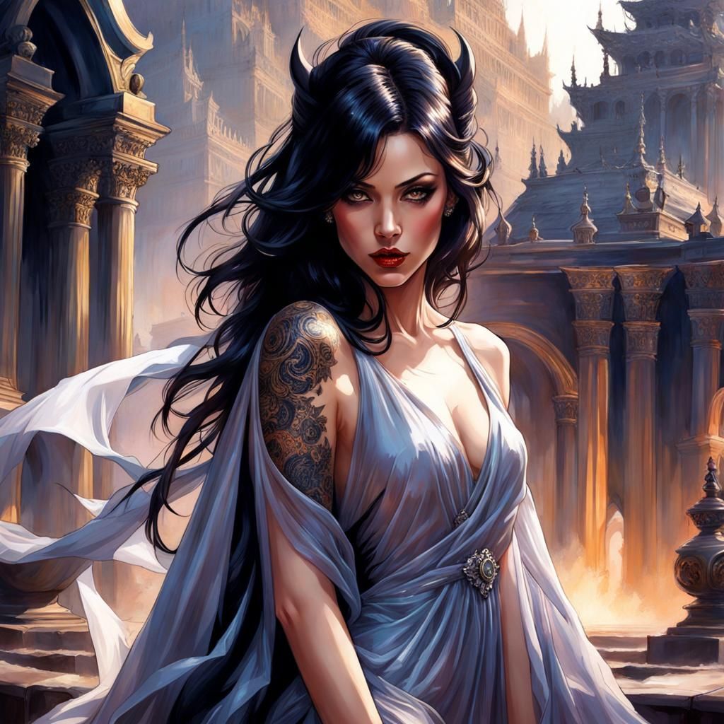 portrait of beautiful dark haired tattood demon girl in drap...