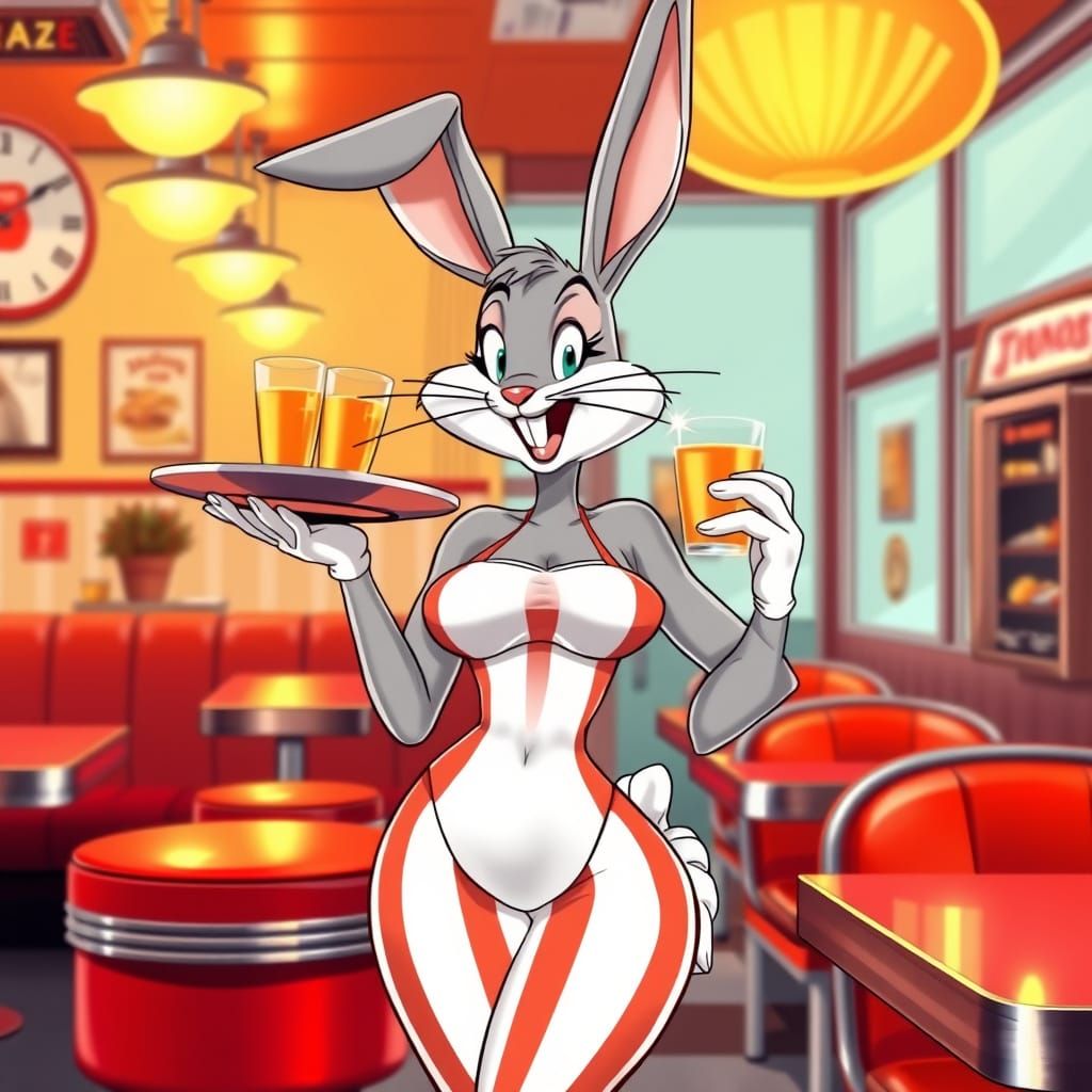 Sultry Waitress Lola Bunny Shines in 50s Diner Chic