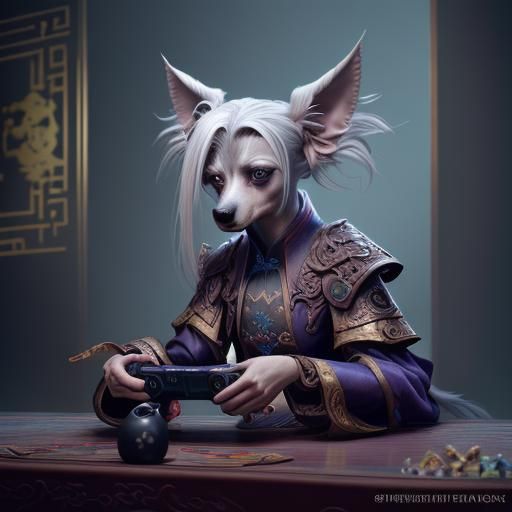Chinese Crested Dog Plays Video Games: Detailed Matte Painti...