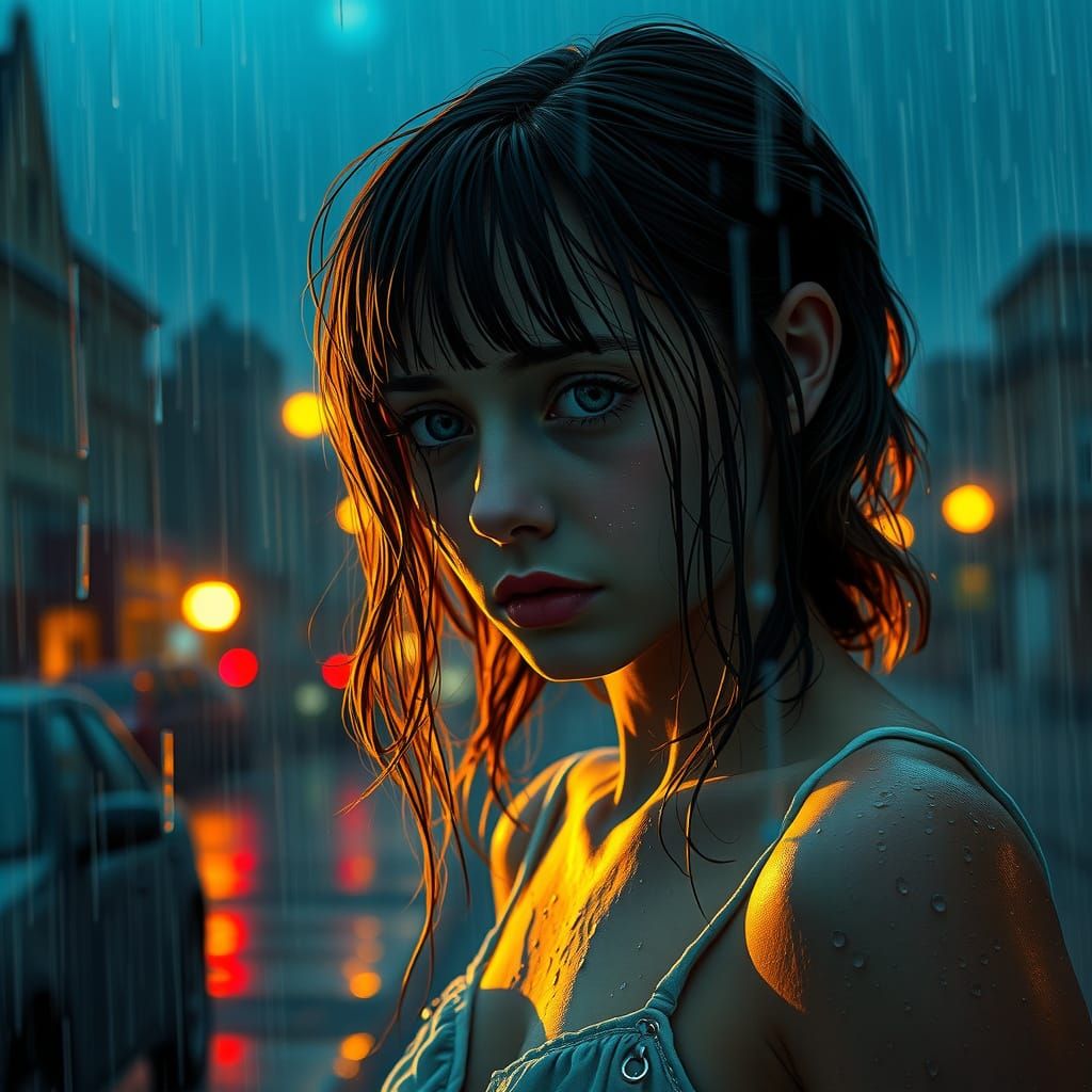 Girl Crying in the Rain, in a Psychedelic Art Nouveau Style