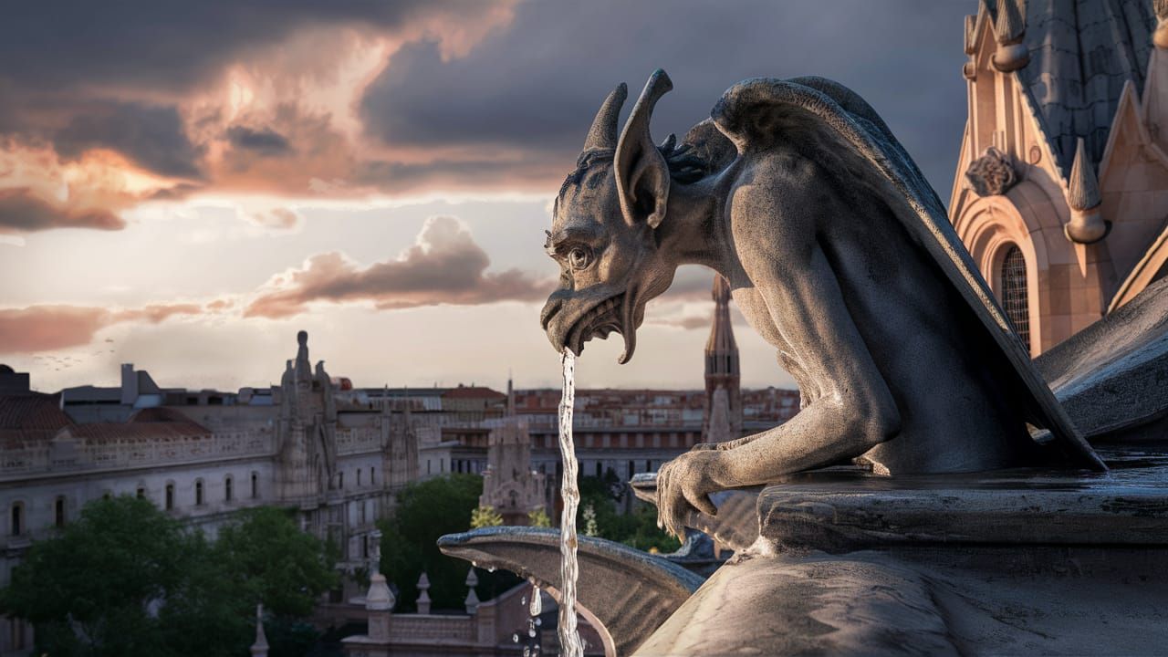 Gaudi-Style Gargoyle Gurgling on Limestone Roof