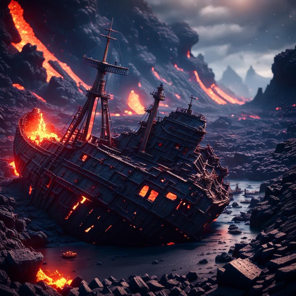 Lava Shipwreck in Volcano Caldera: Photorealistic 3D Renderi...