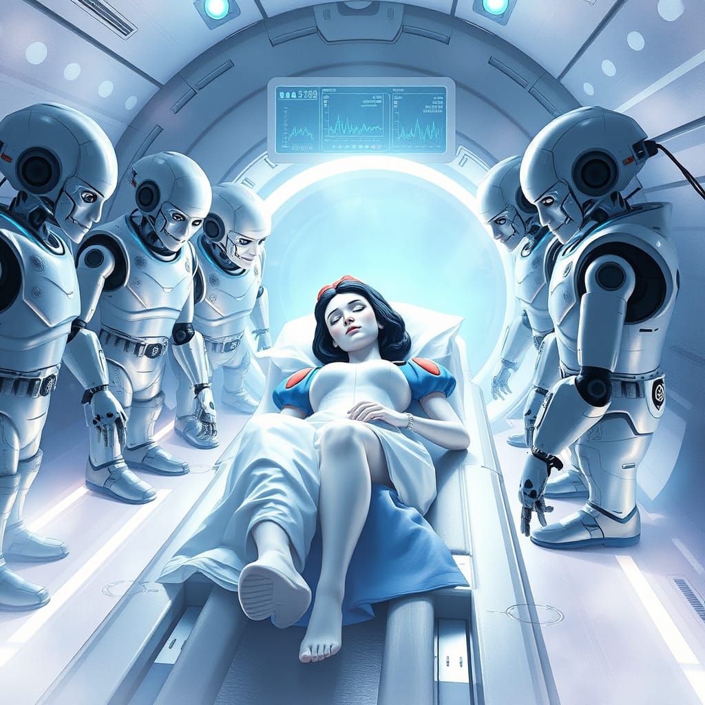 Future Princess in Cryo-Sleep, Surrounded by Robotic Guardia...