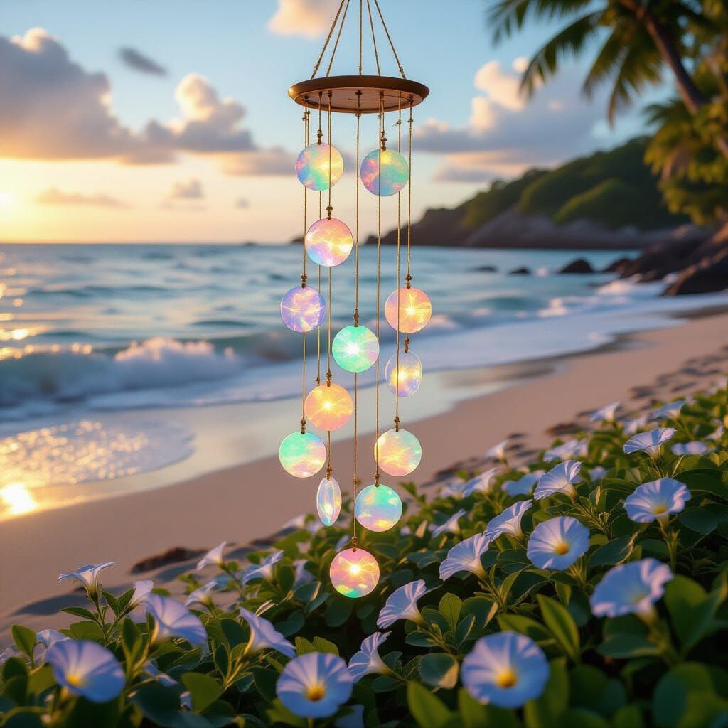 Opal Moon Wind Chime Over Morning Glories: Cinematic Still