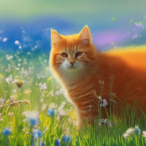 Orange Tabby Cat Plays with Butterfly in Golden Hour