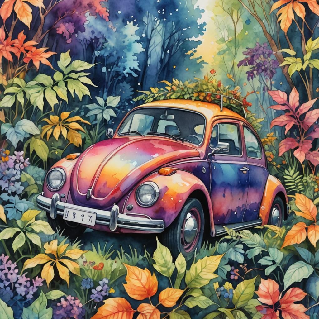 Rainbow VW Beetle in Watercolor Style