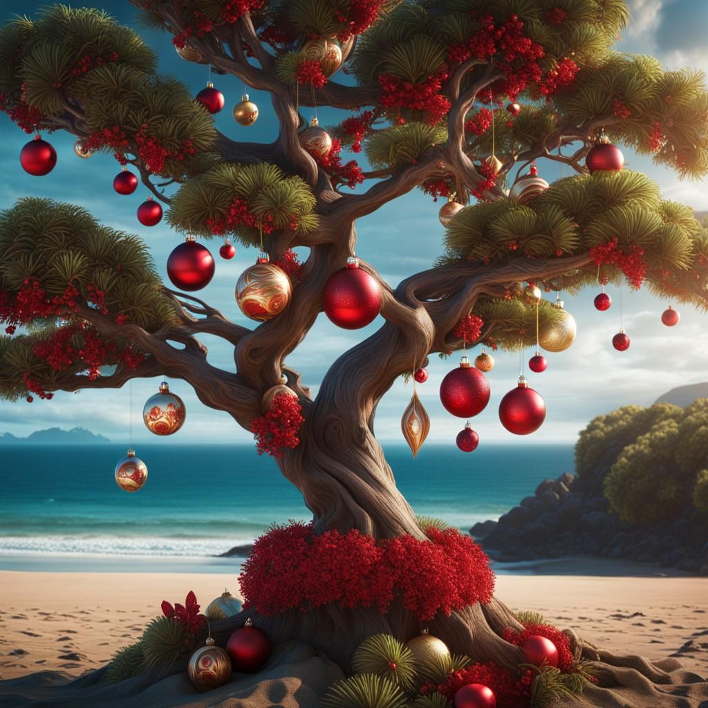 Pohutakawa Christmas Tree on New Zealand Beach