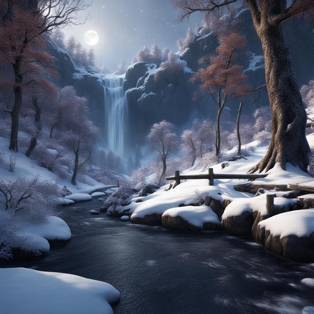 Moonlit Winter Forest Stream with Owl, Matte Painting