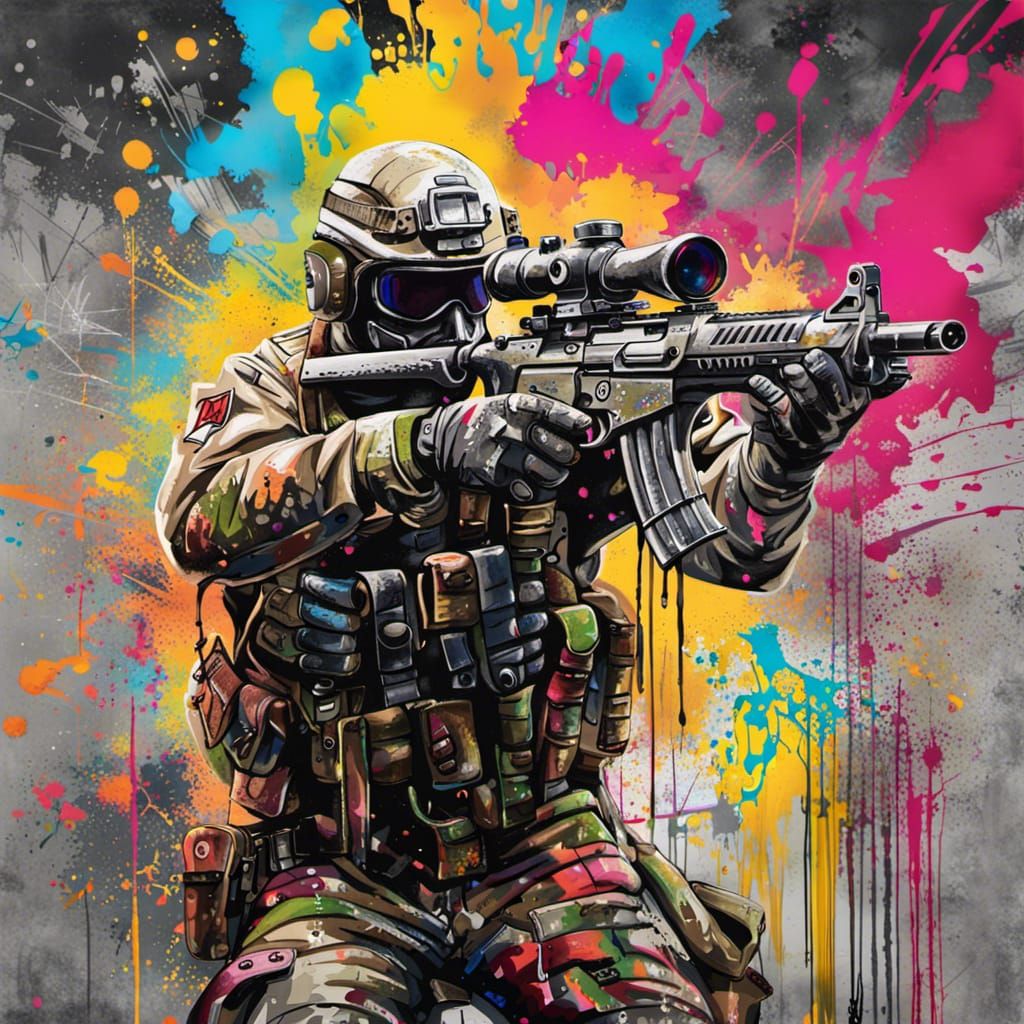 Soldier Shooting Gun in Graffiti Street Art