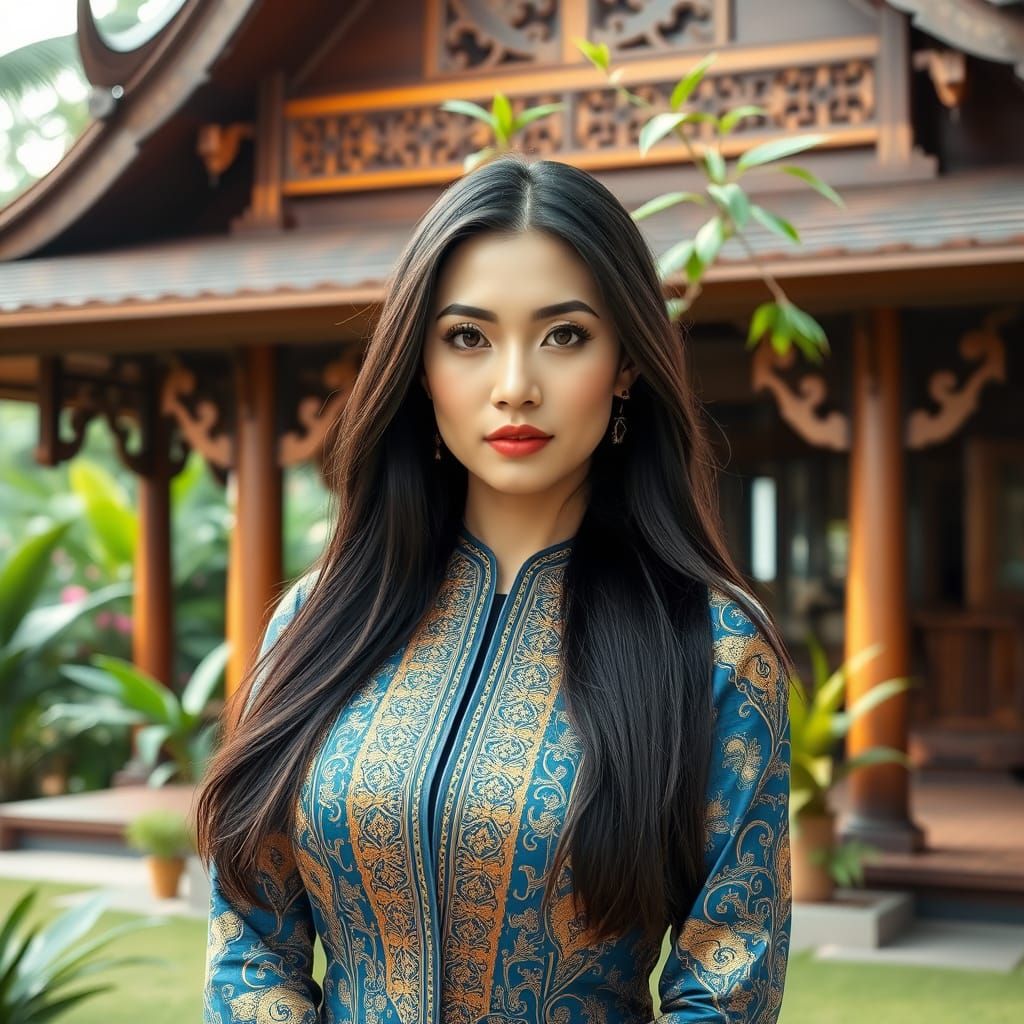 A beautiful woman wearing a traditional blue Chut Thai Chakk...