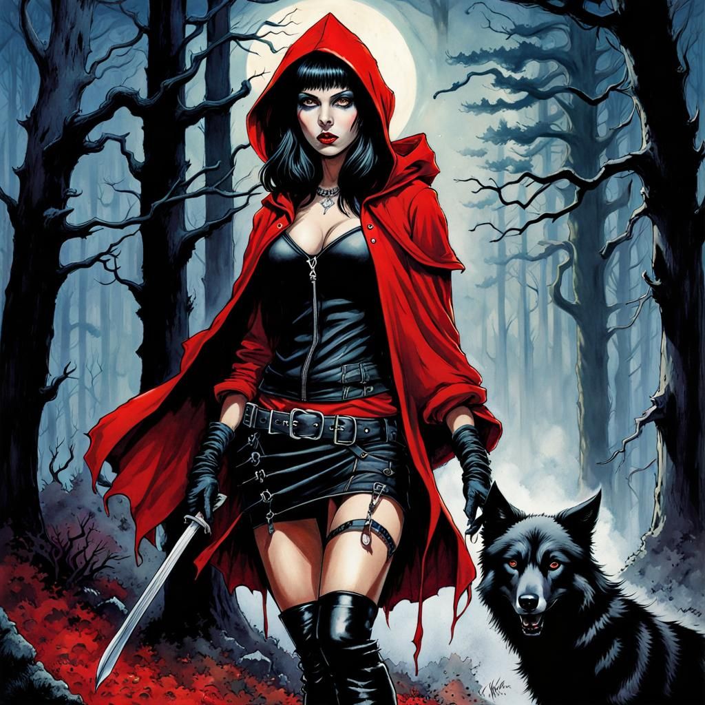 Gothic Punk Red Riding Hood in Watercolor Style