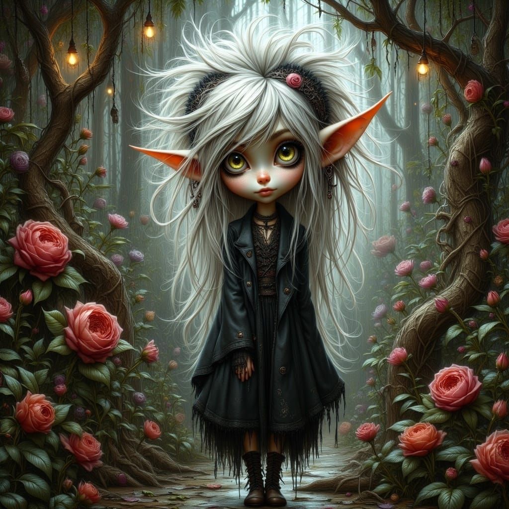 Whimsical Gothic Pixie in Moonlit Garden